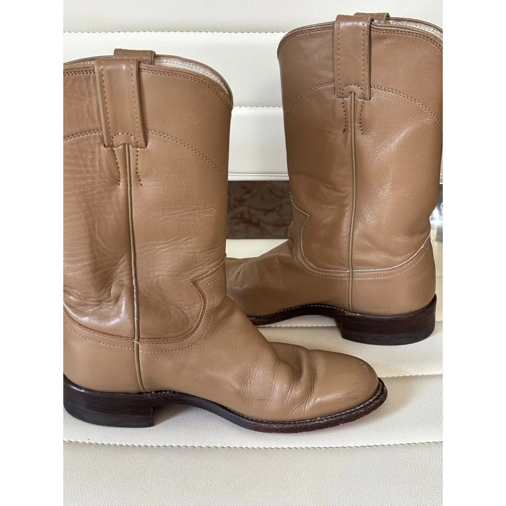 Justin Tan‎ Leather Roper Boots Round Toe Western Equestrian Low Heel Womens 4.5